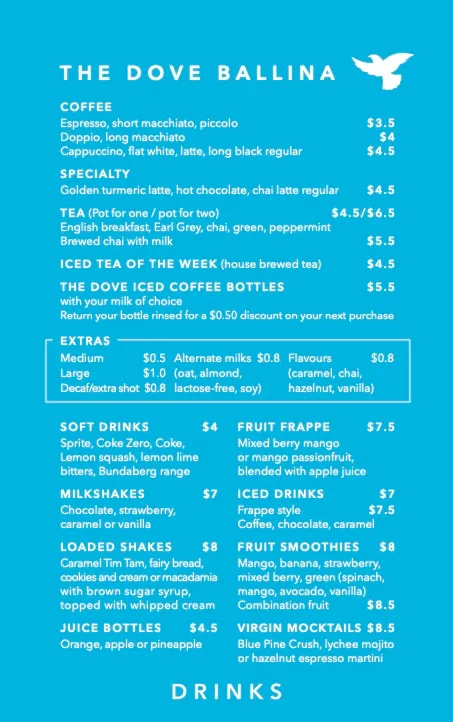 Menu, The Dove Ballina
