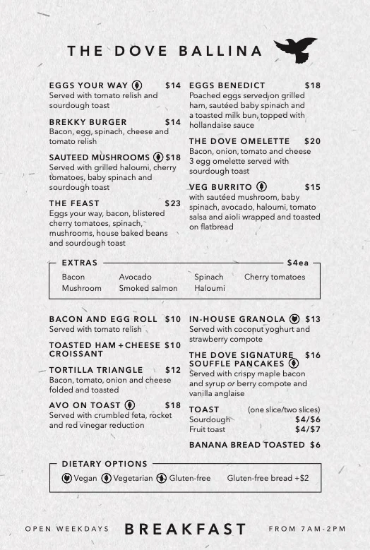 Menu, The Dove Ballina