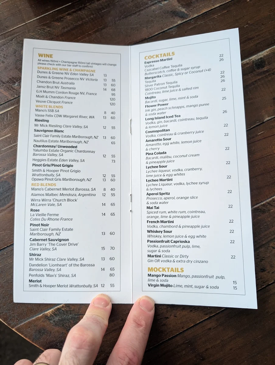 Menu, Mano's Tedder Avenue