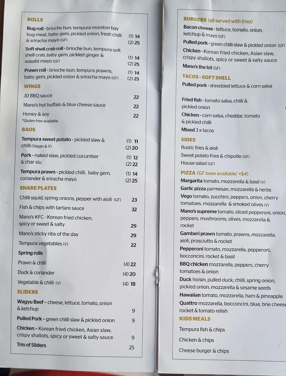 Menu, Mano's Tedder Avenue