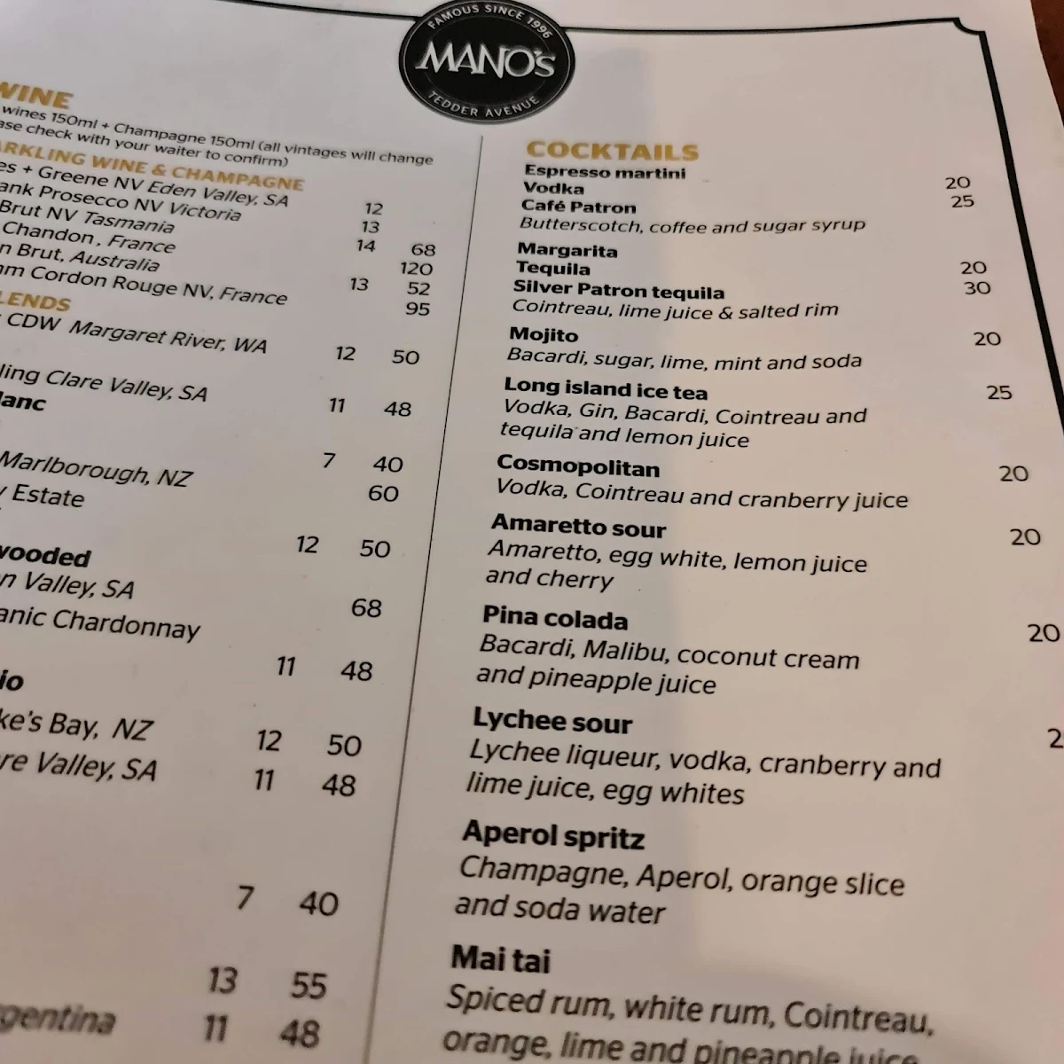 Menu, Mano's Tedder Avenue