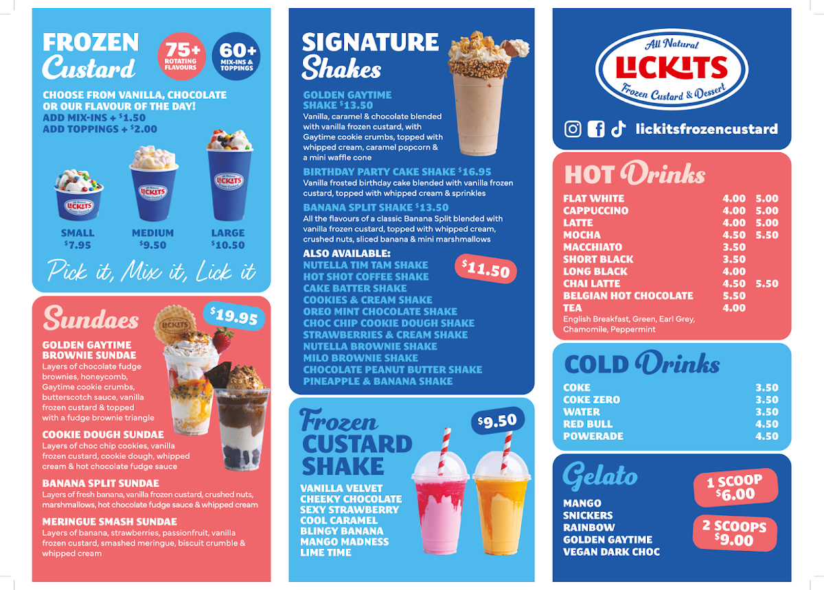 Menu, Lickits Frozen Custard, Dessert & Gelato Bar