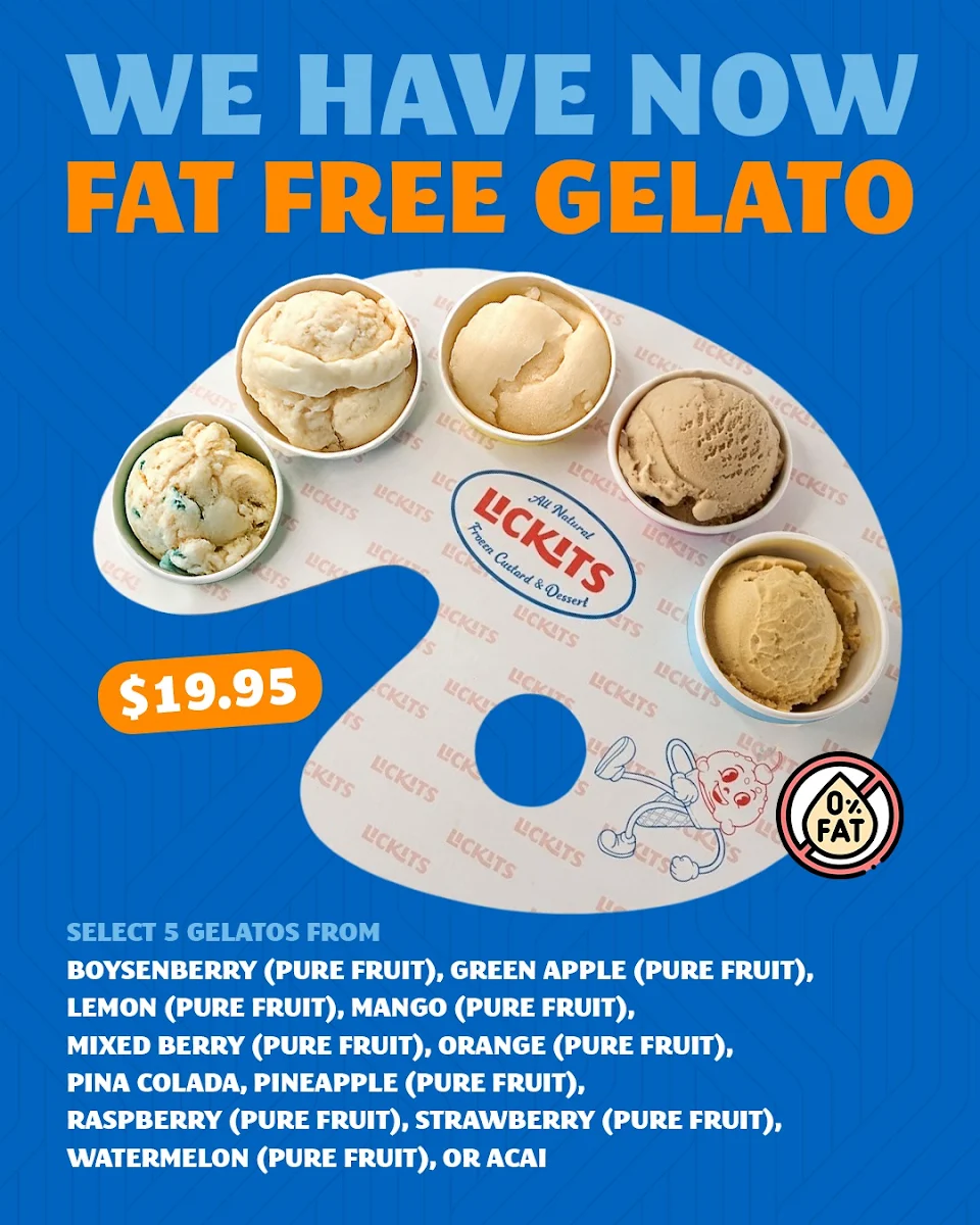 Menu, Lickits Frozen Custard, Dessert & Gelato Bar