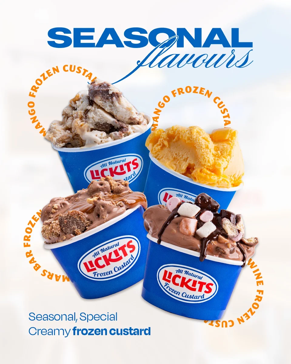 Menu, Lickits Frozen Custard, Dessert & Gelato Bar