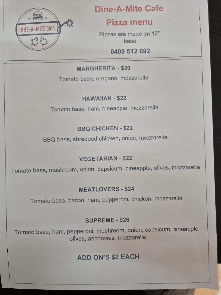 Menu, Dine-a-Mite Cafe