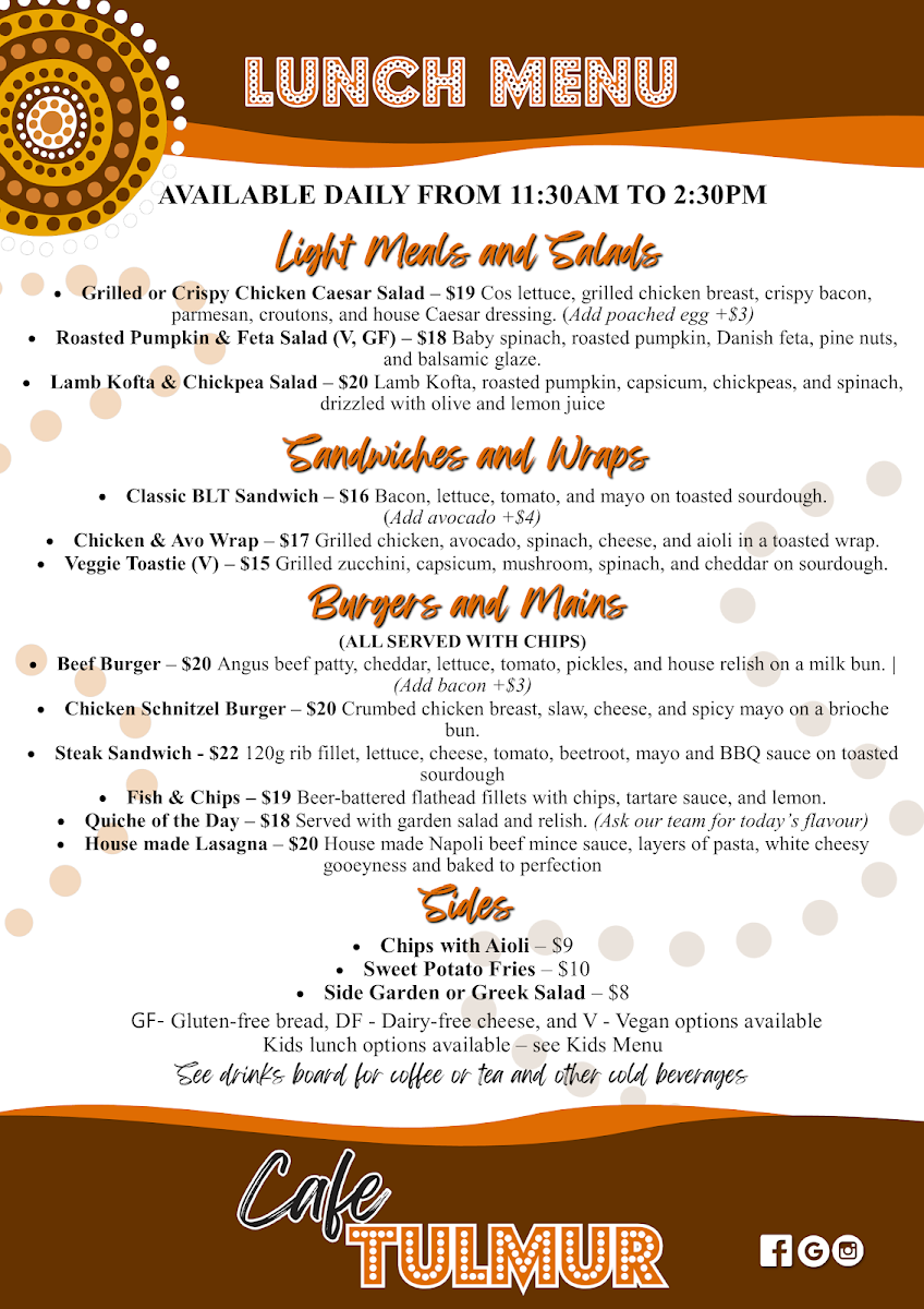 Menu, Cafe Tulmur
