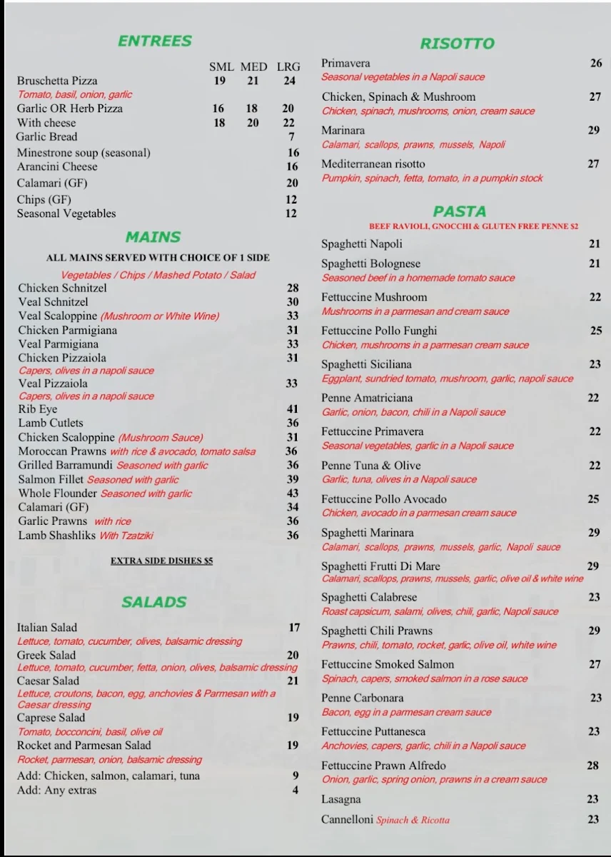 Menu, Giardino Pizza & Pasta