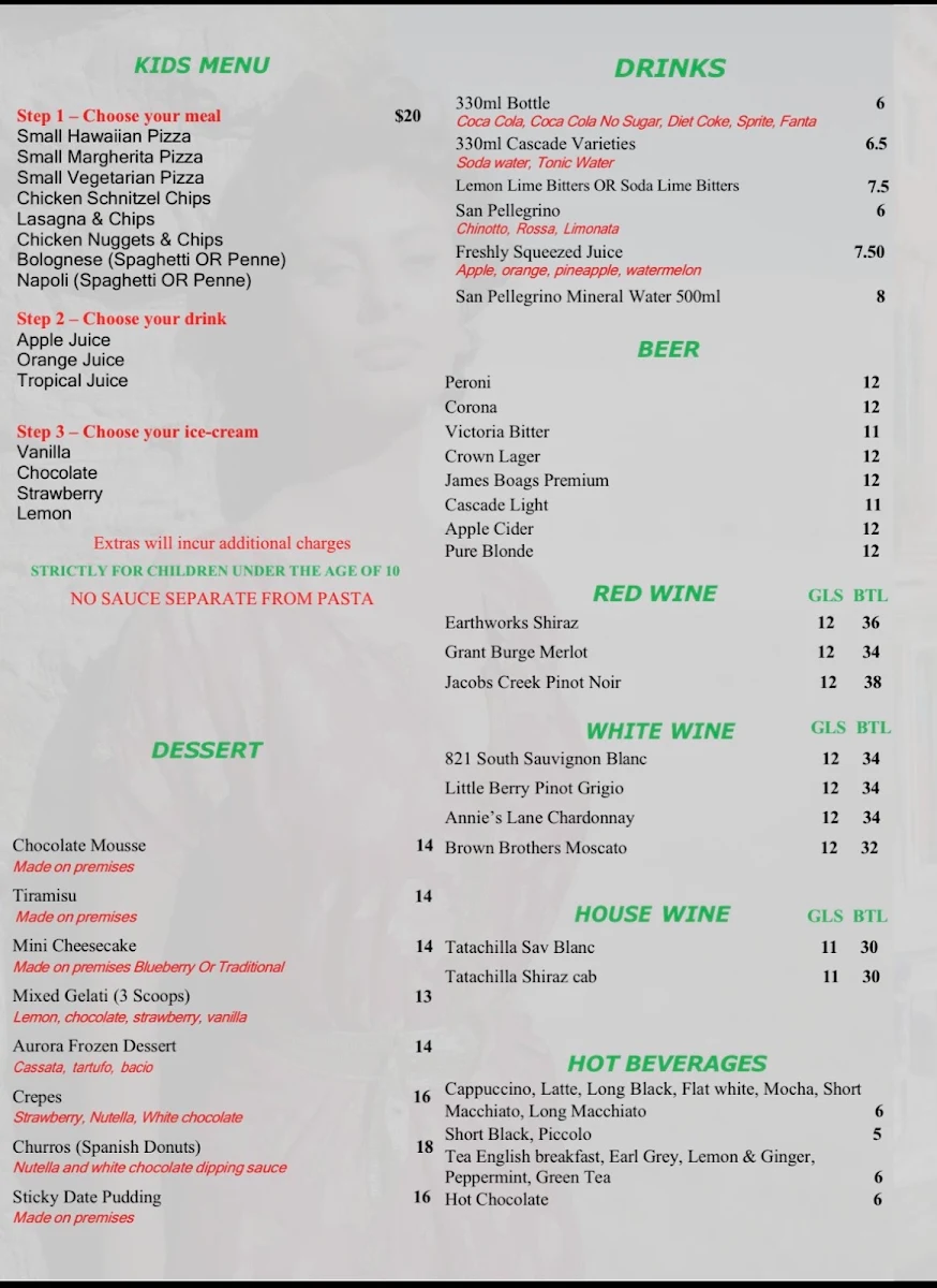 Menu, Giardino Pizza & Pasta