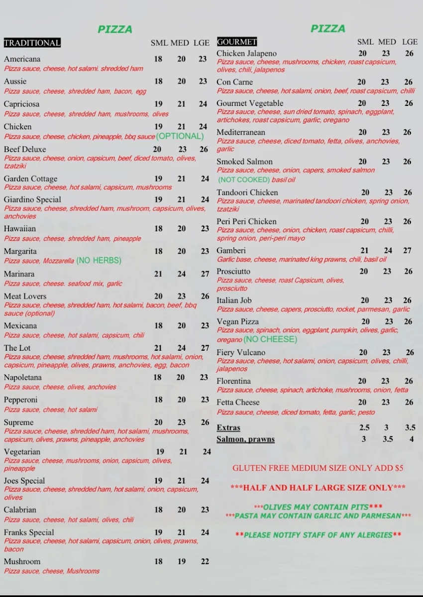 Menu, Giardino Pizza & Pasta