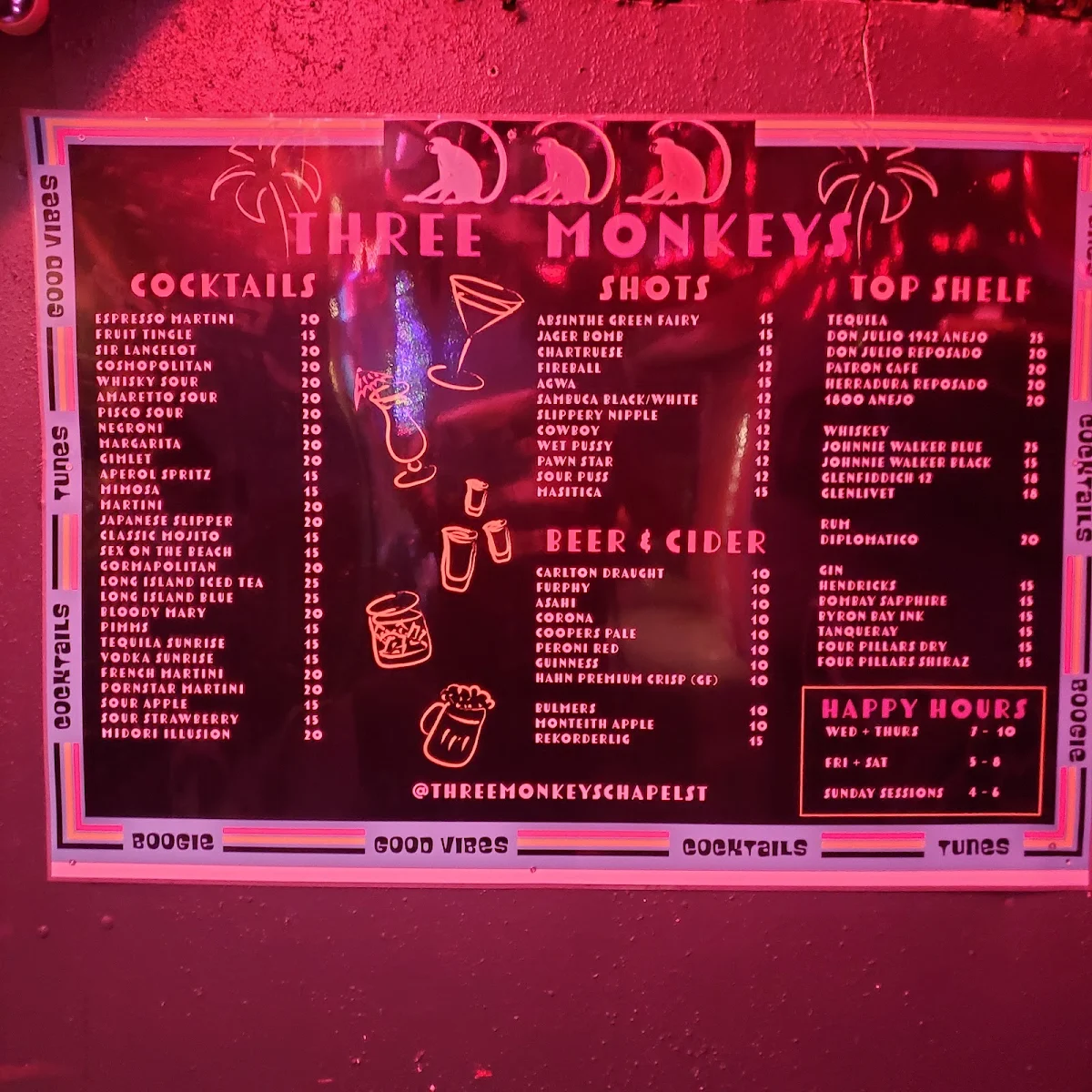 Menu, Three Monkeys