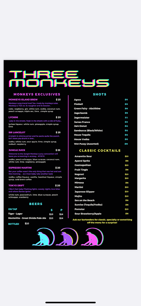 Menu, Three Monkeys