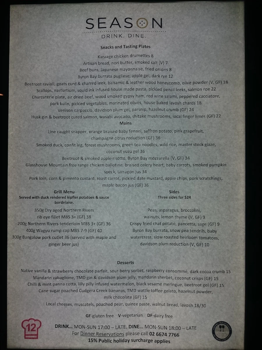Menu, Season Restaurant