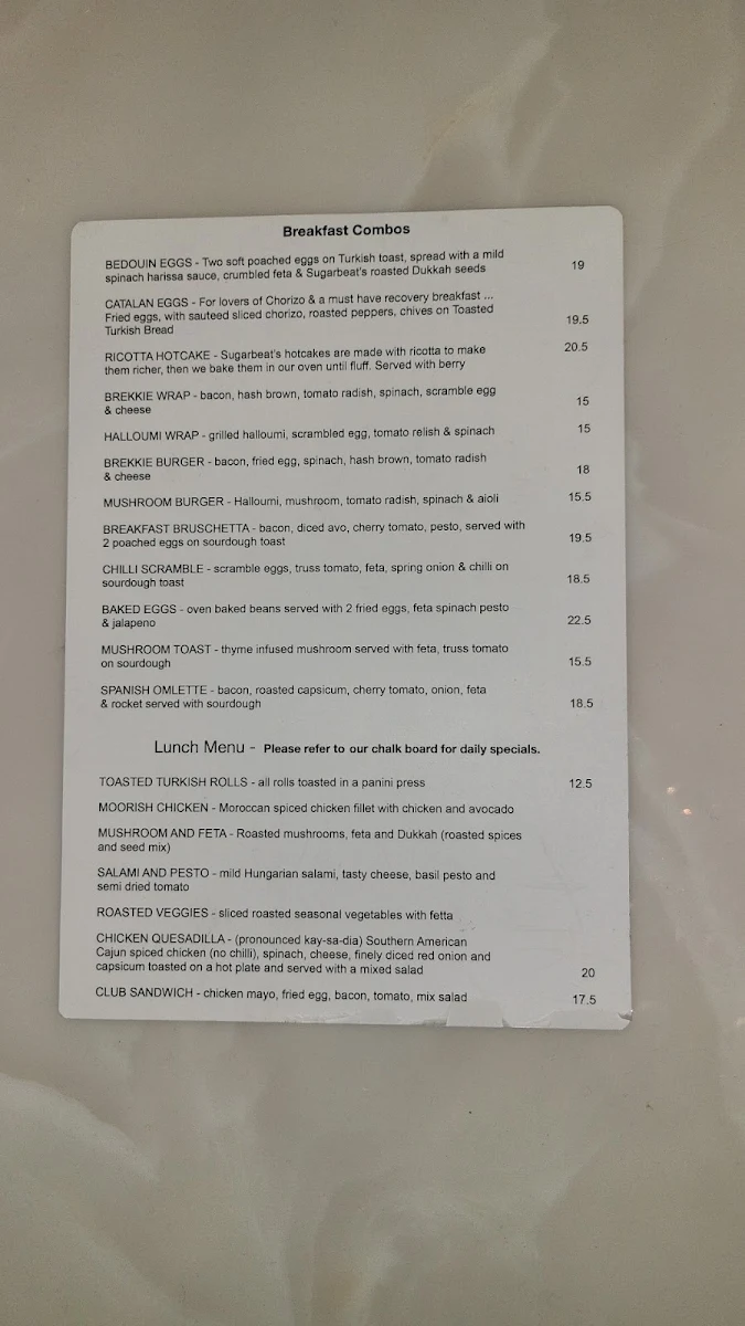 Menu, Sugarbeat Cafe