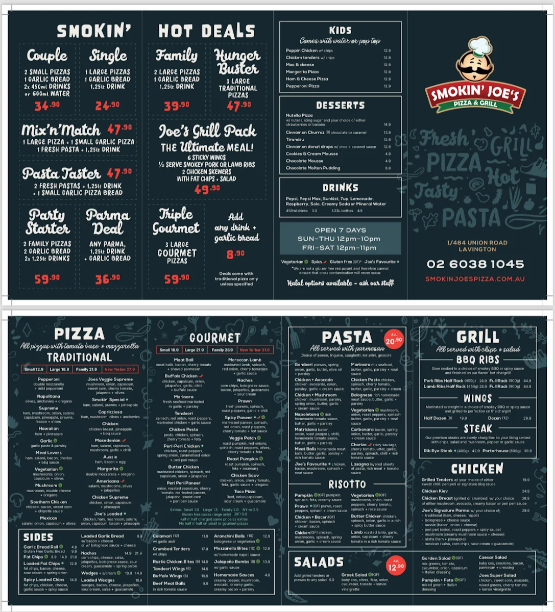 Menu, Smokin’ Joes Pizza & Grill - Lavington