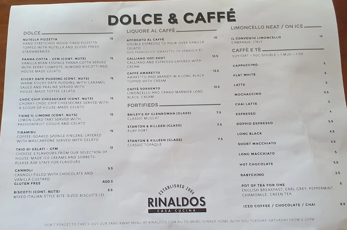 Menu, Rinaldo's Casa Cucina
