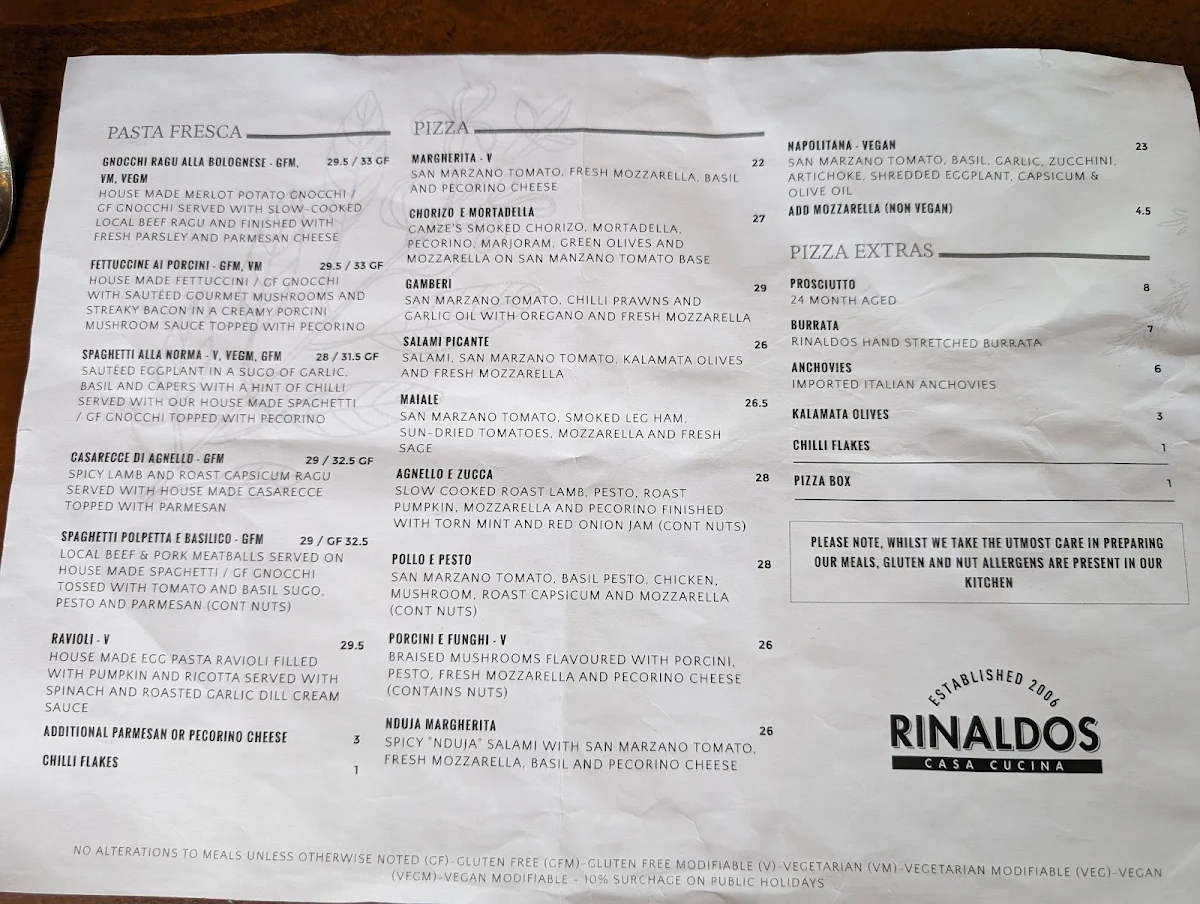 Menu, Rinaldo's Casa Cucina