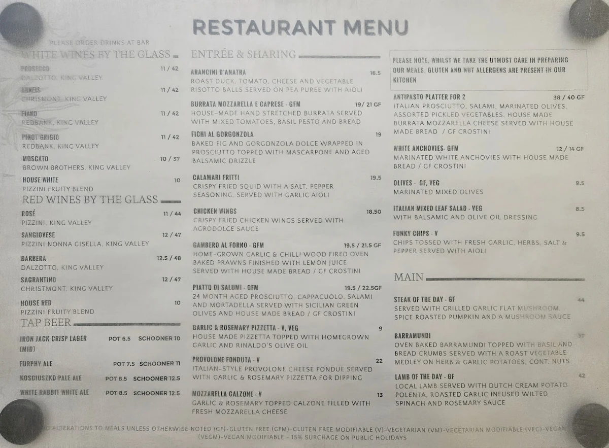 Menu, Rinaldo's Casa Cucina
