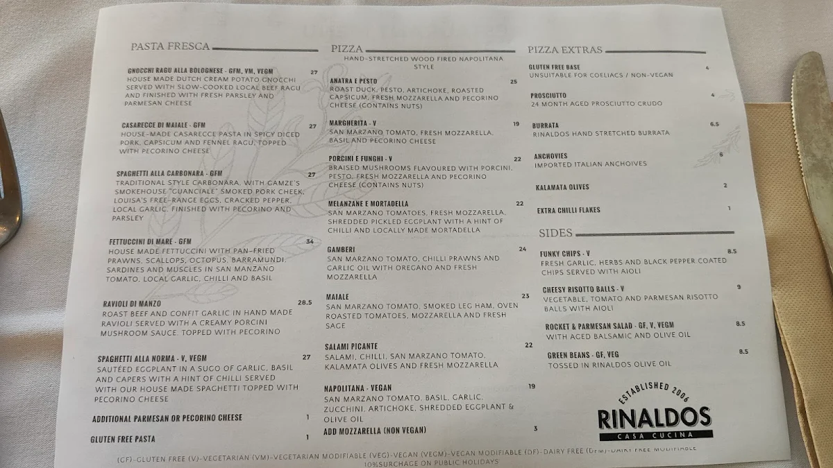 Menu, Rinaldo's Casa Cucina
