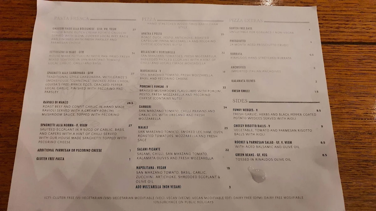 Menu, Rinaldo's Casa Cucina