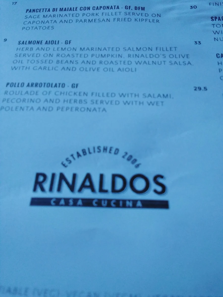 Menu, Rinaldo's Casa Cucina