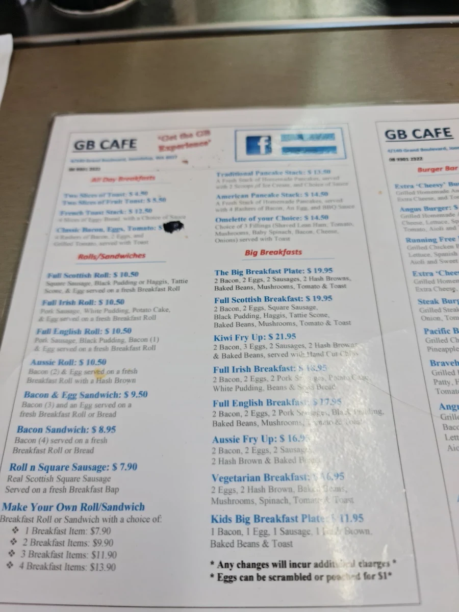 Menu, Grand Boulevard Cafe