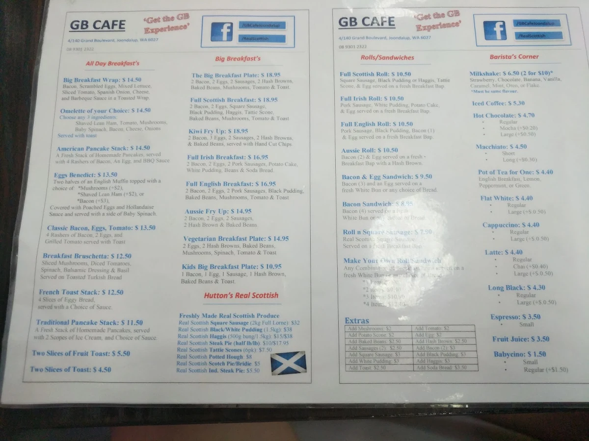Menu, Grand Boulevard Cafe