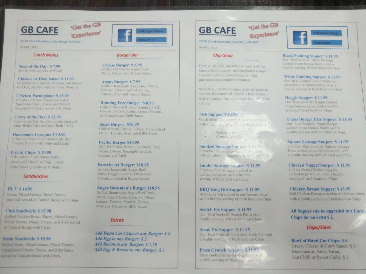 Menu, Grand Boulevard Cafe