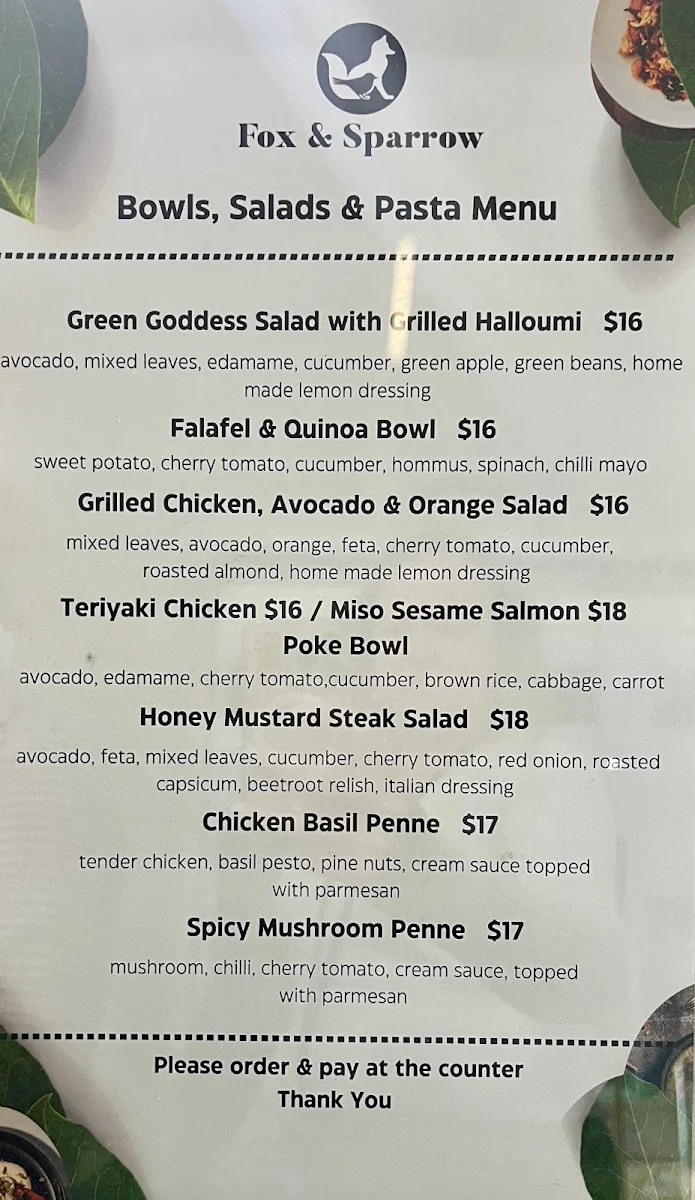 Menu, Fox & Sparrow Cafe North Sydney