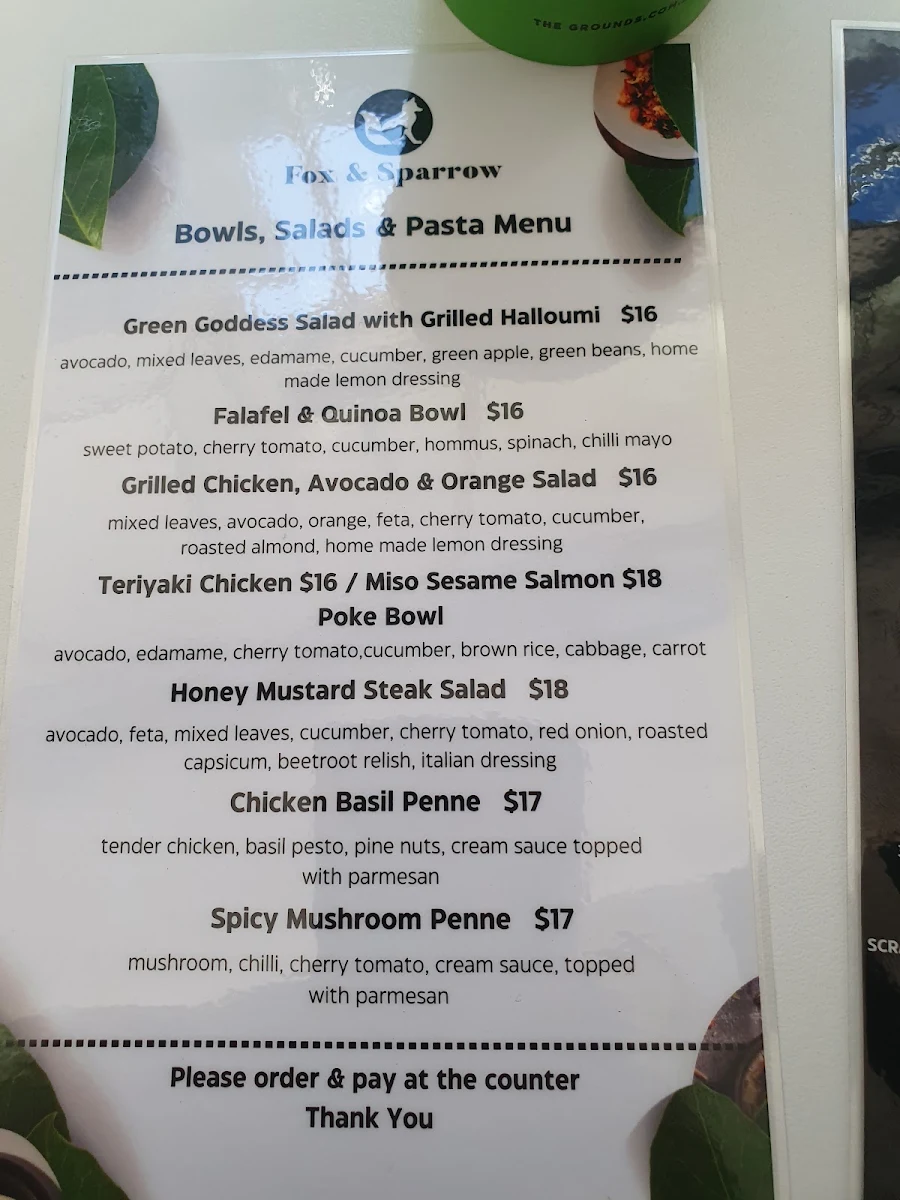 Menu, Fox & Sparrow Cafe North Sydney