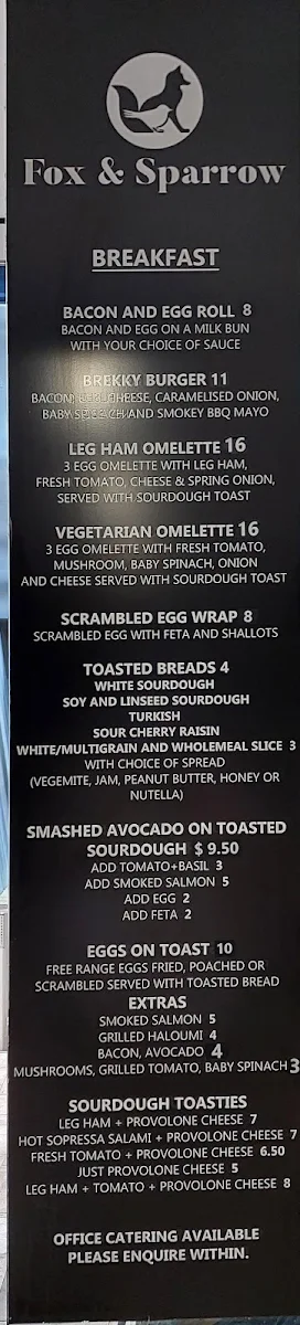 Menu, Fox & Sparrow Cafe North Sydney