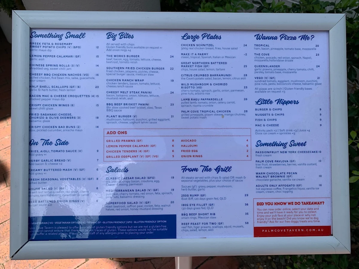 Menu, Palm Cove Tavern