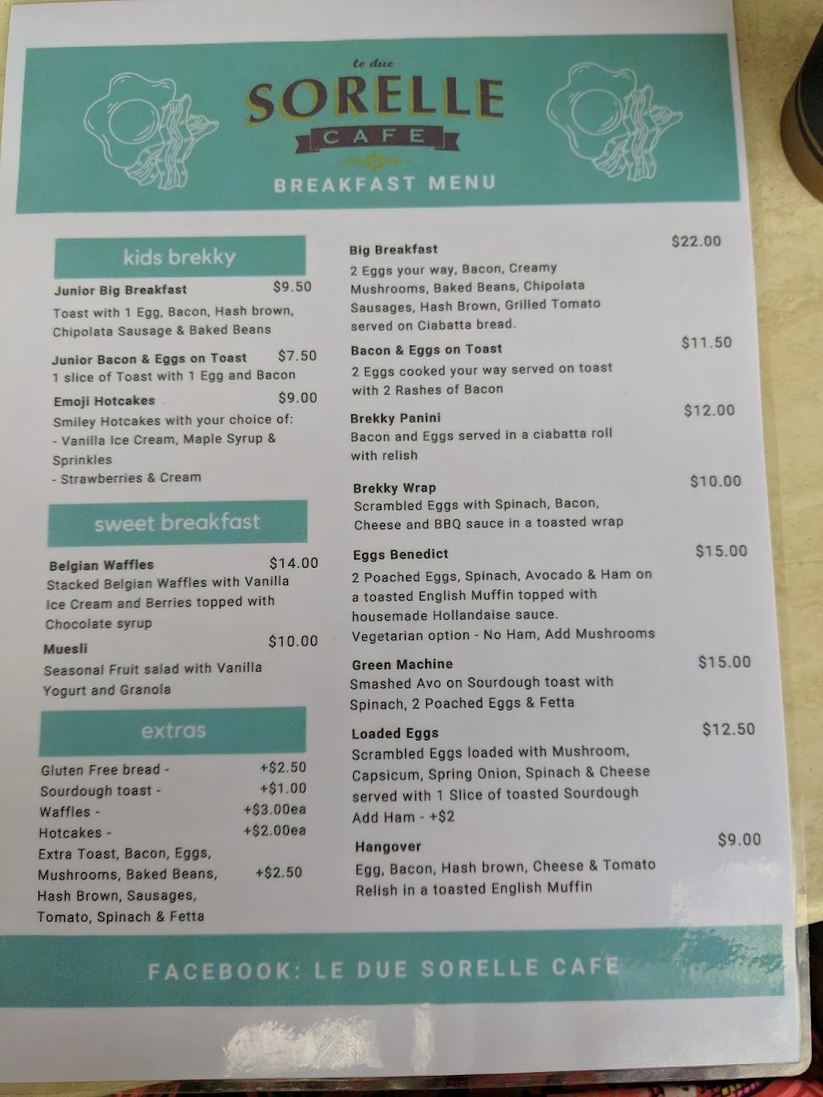 Menu, Le Due Sorelle Cafe
