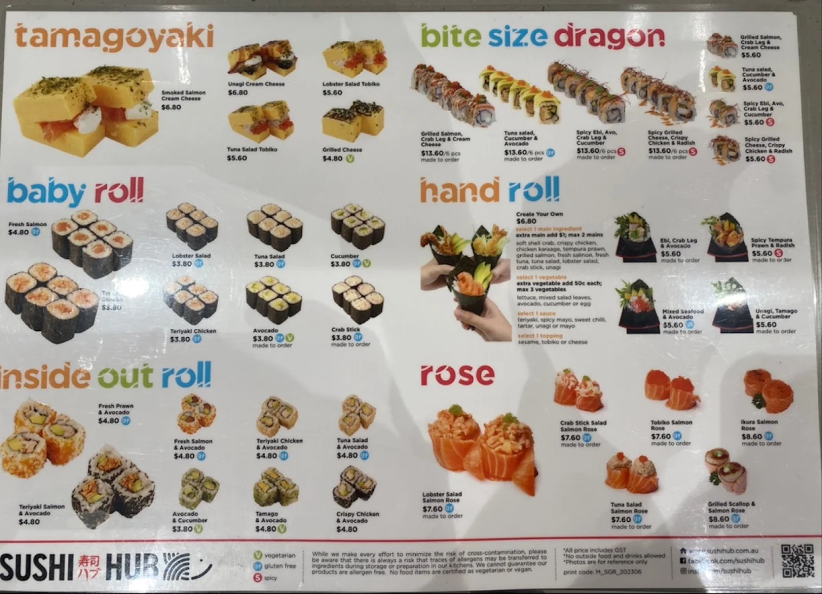 Menu, Sushi Hub Toowong
