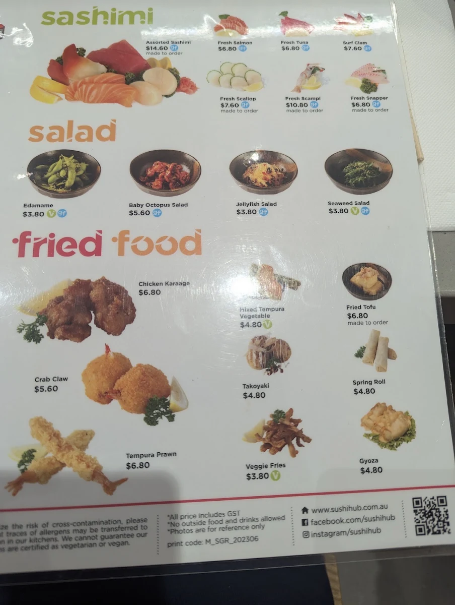 Menu, Sushi Hub Toowong