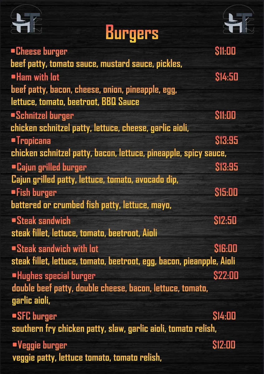 Menu, Hughes Takeaway