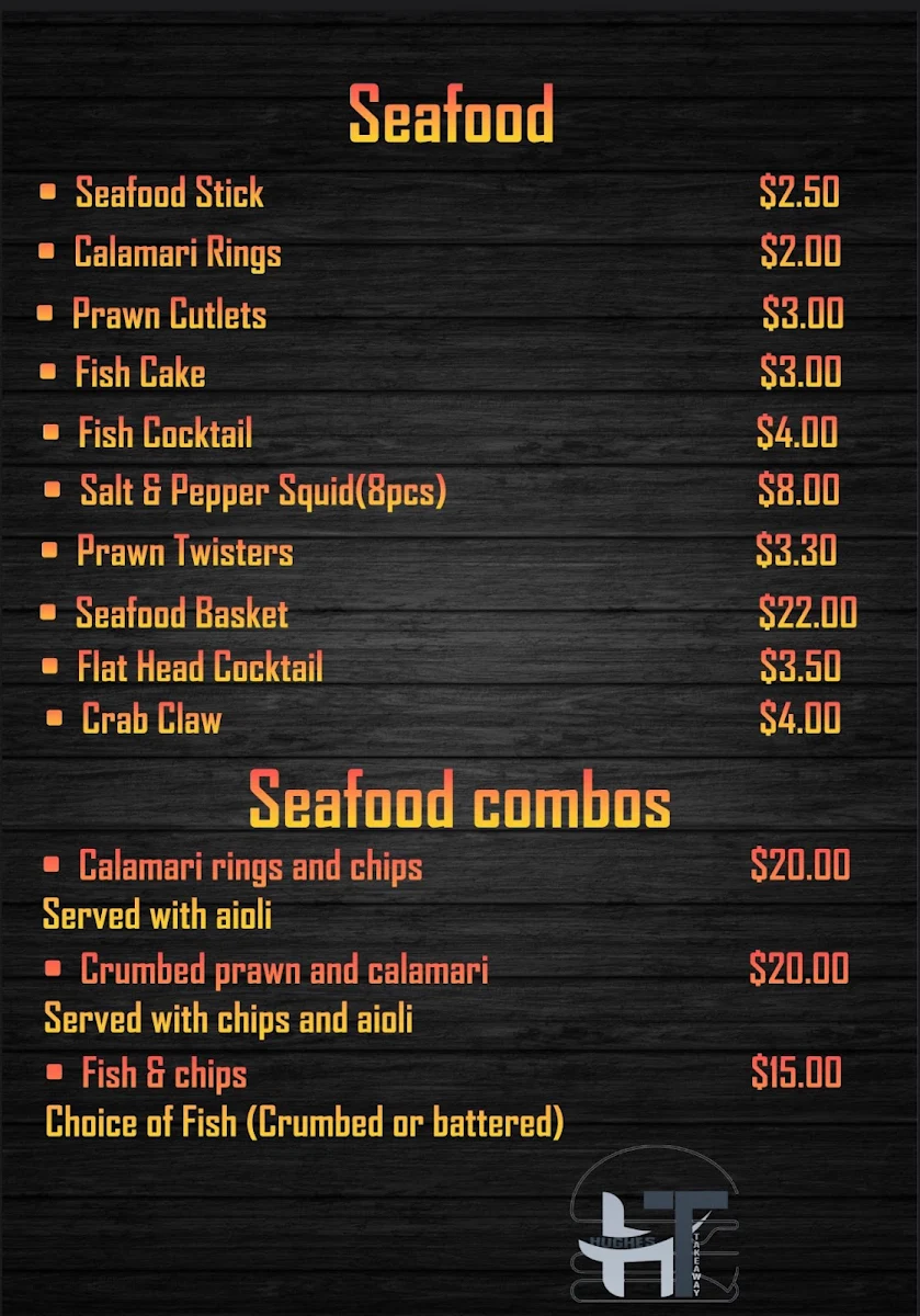 Menu, Hughes Takeaway