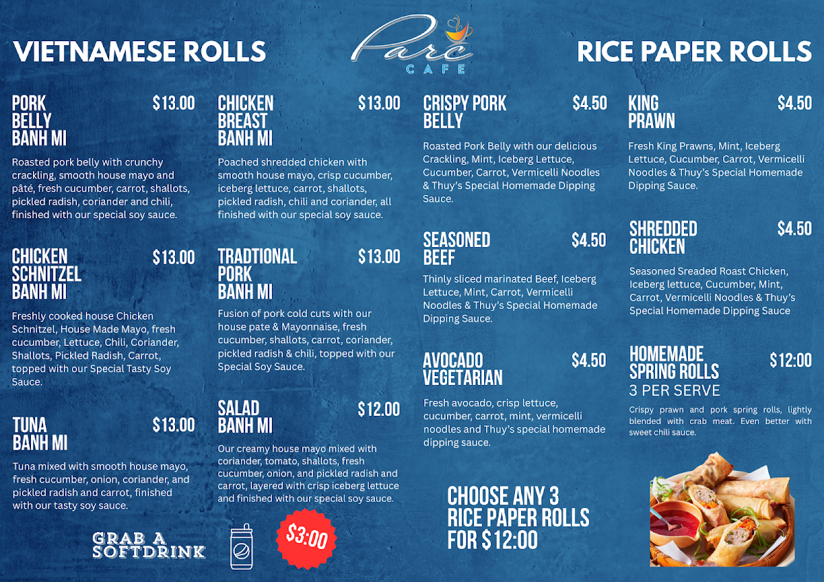 Menu, Parc Cafe