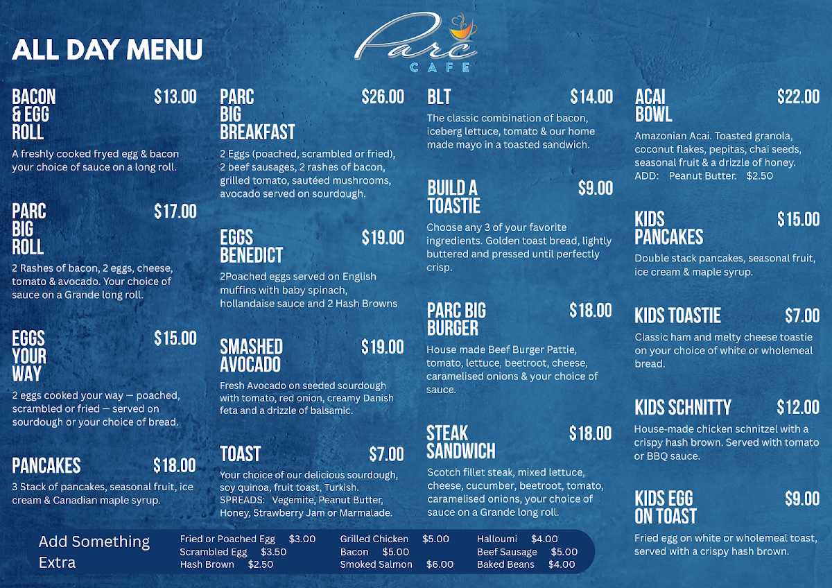 Menu, Parc Cafe