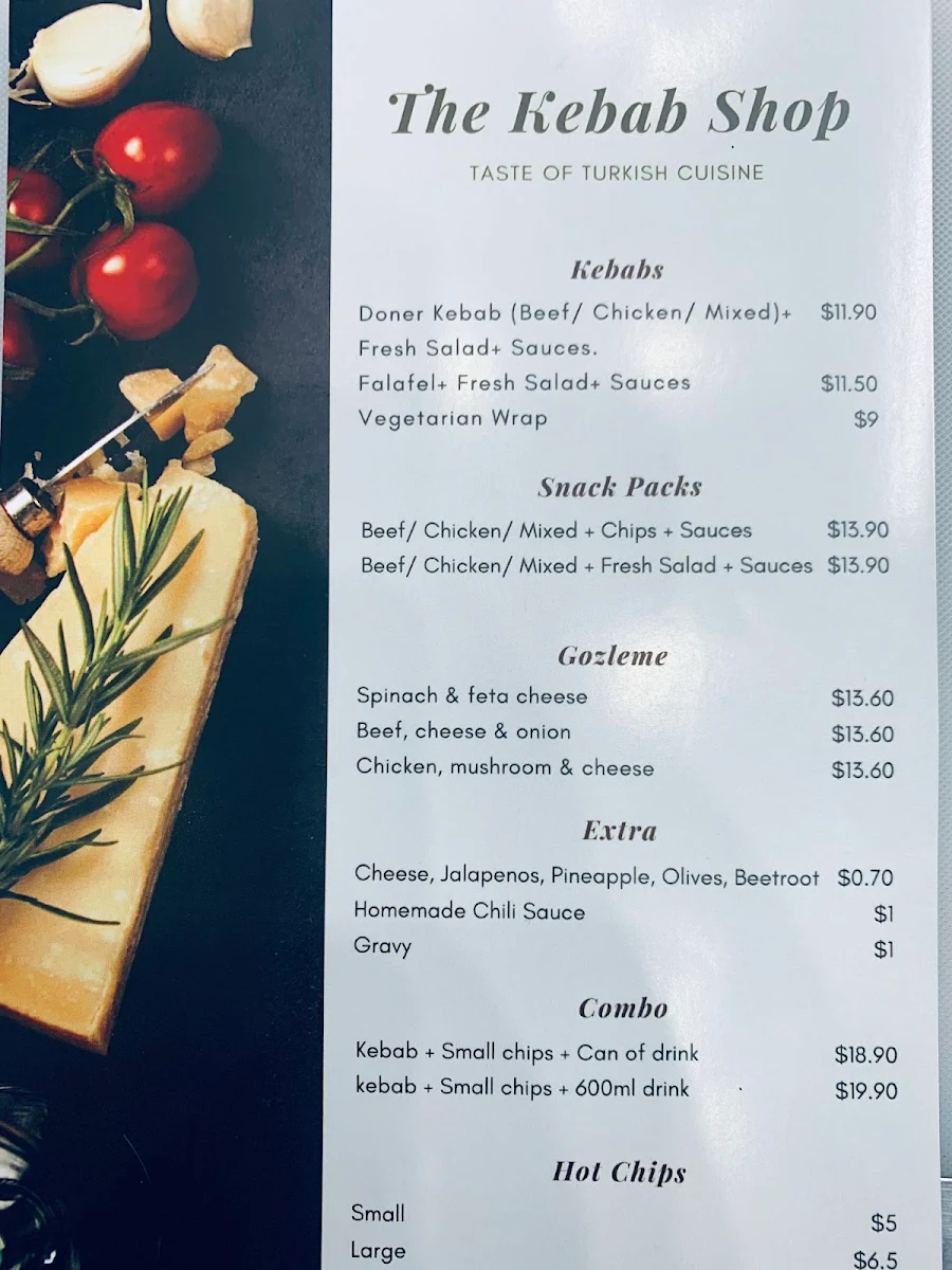 Menu, The Kebab Shop, Lake Macquarie Square