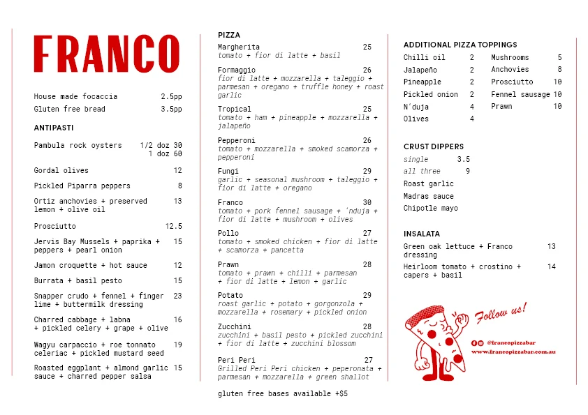 Menu, Franco Pizza Bar
