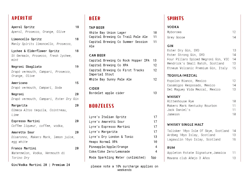 Menu, Franco Pizza Bar