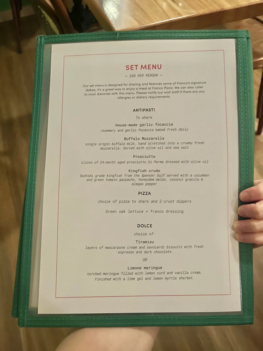 Menu, Franco Pizza Bar