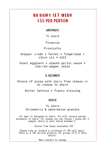 Menu, Franco Pizza Bar