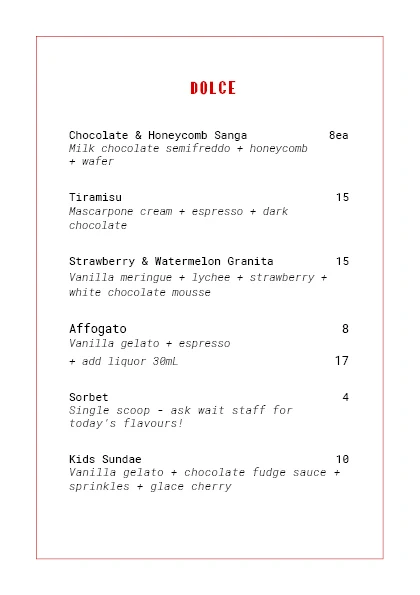 Menu, Franco Pizza Bar