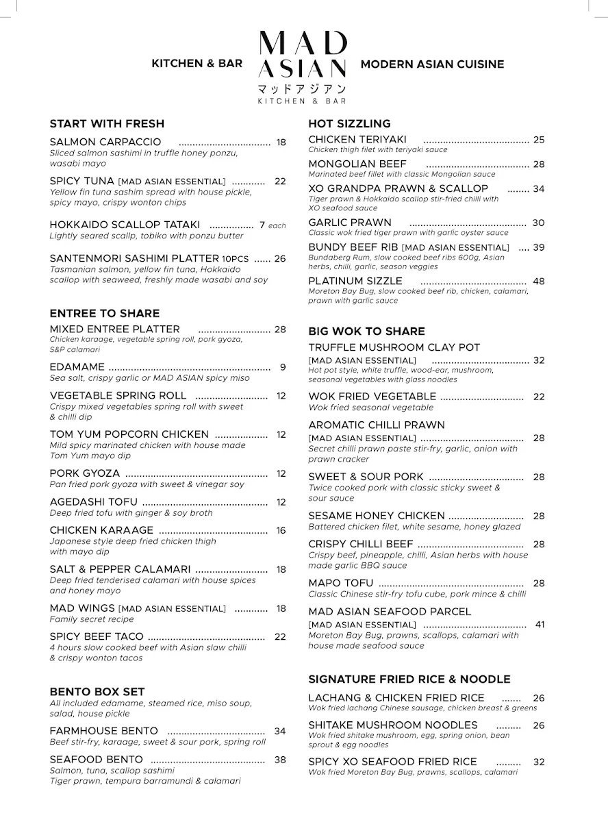 Menu, Mad Asian Kitchen And Bar