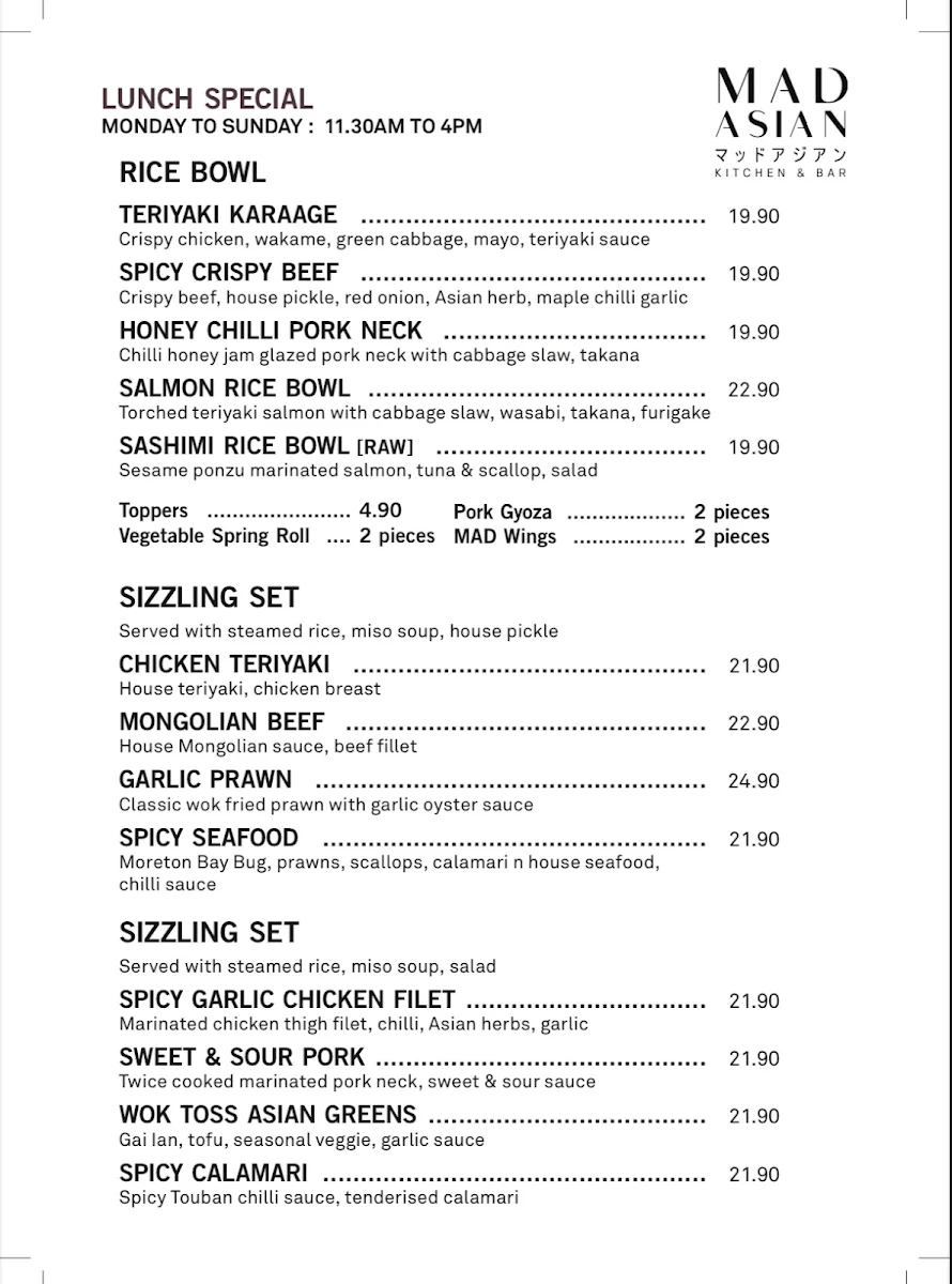 Menu, Mad Asian Kitchen And Bar