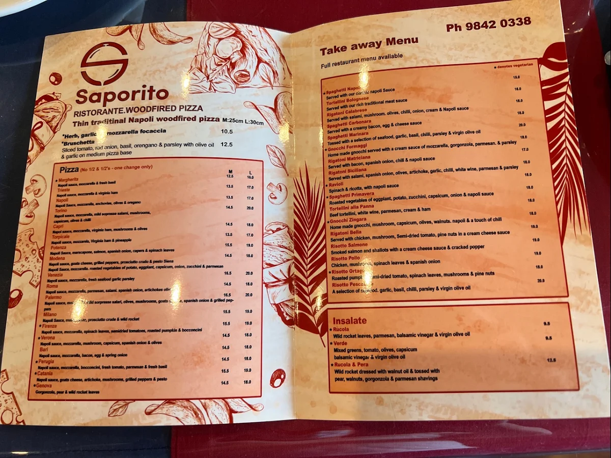 Menu, Saporito Restaurant