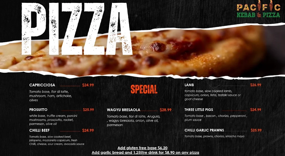 Menu, Pacific Kebab & Pizza