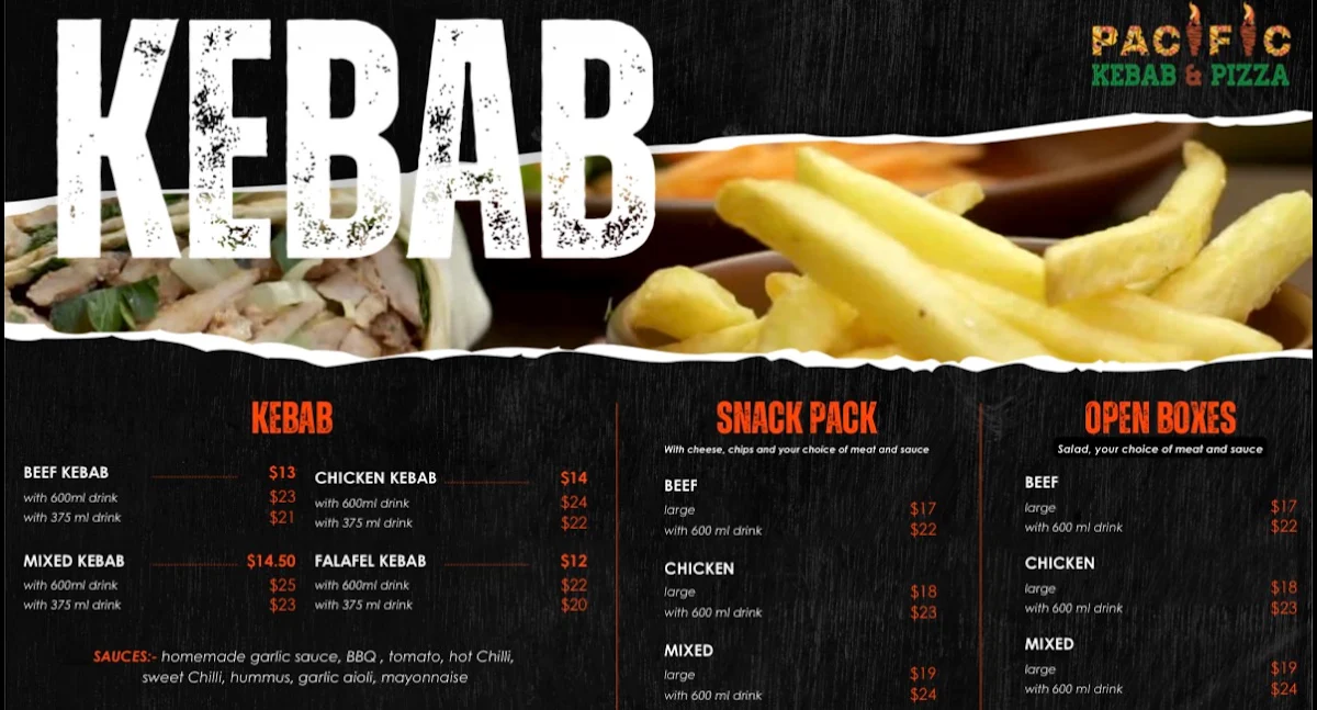 Menu, Pacific Kebab & Pizza