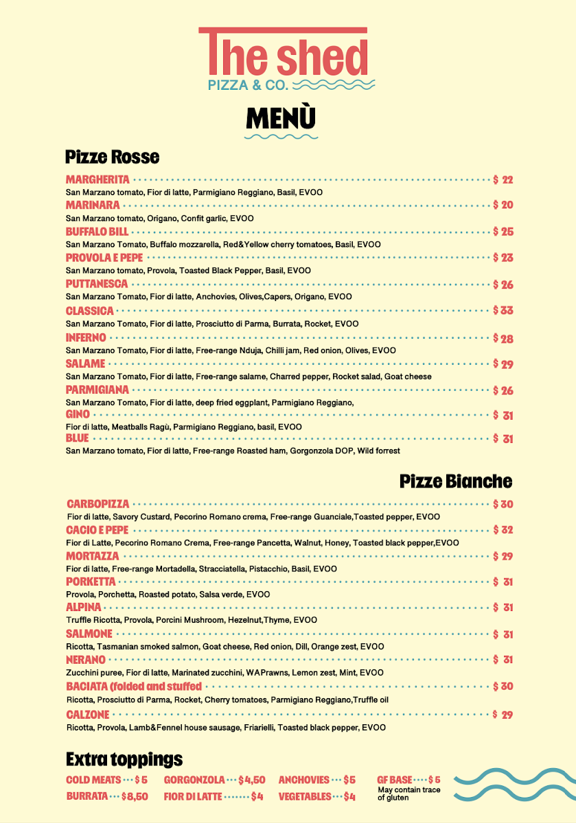 Menu, The Shed Pizza & Co